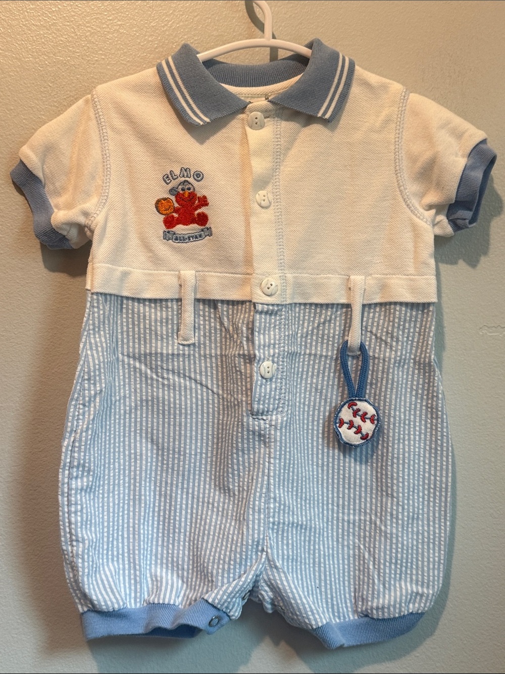 Vintage Sesame Street 3 - 6 Months Elmo All Star Baseball Polo Romper Light Blue